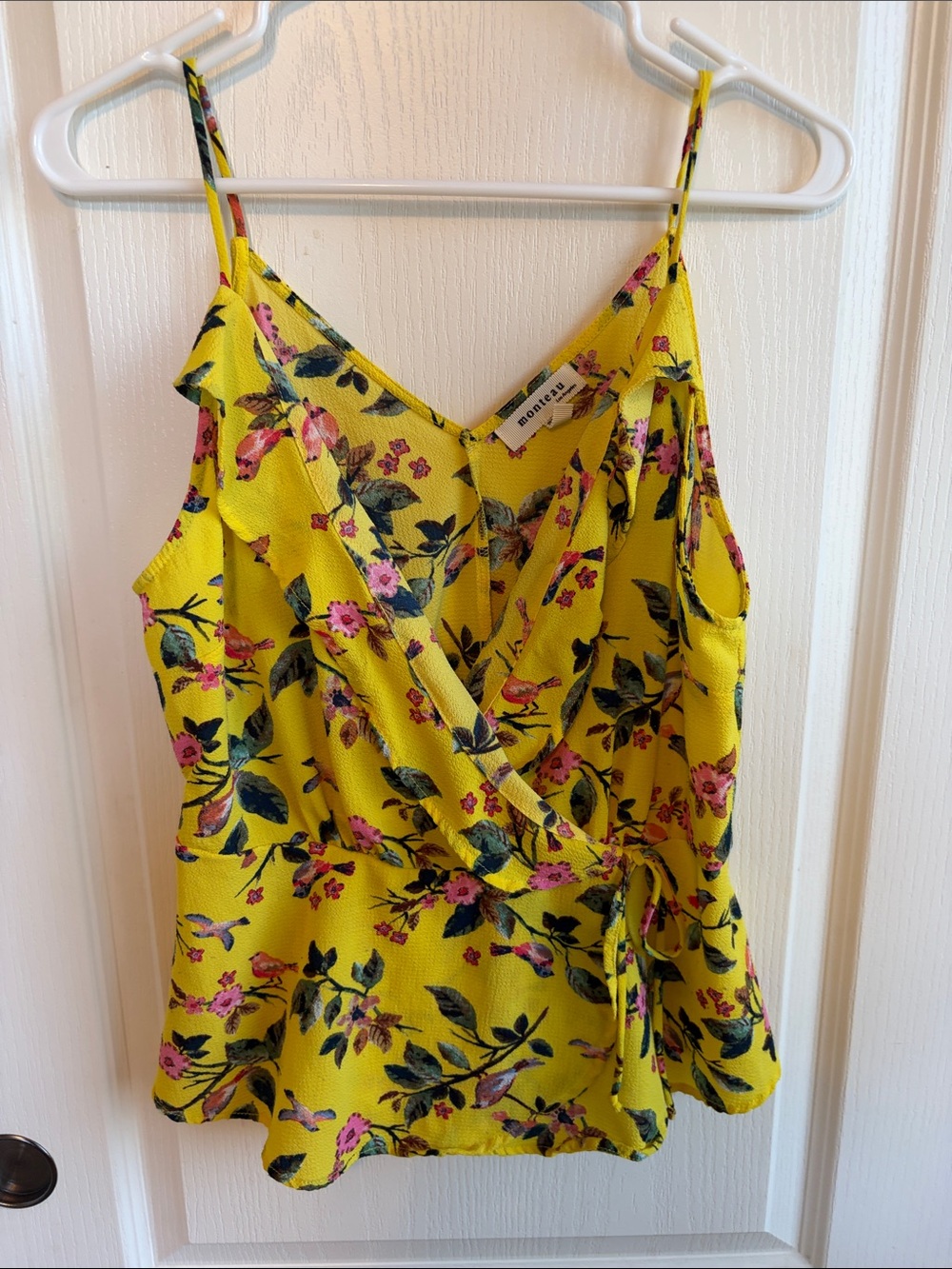 Monteau Yellow Floral Wrap Cami with Pink & Green Accents